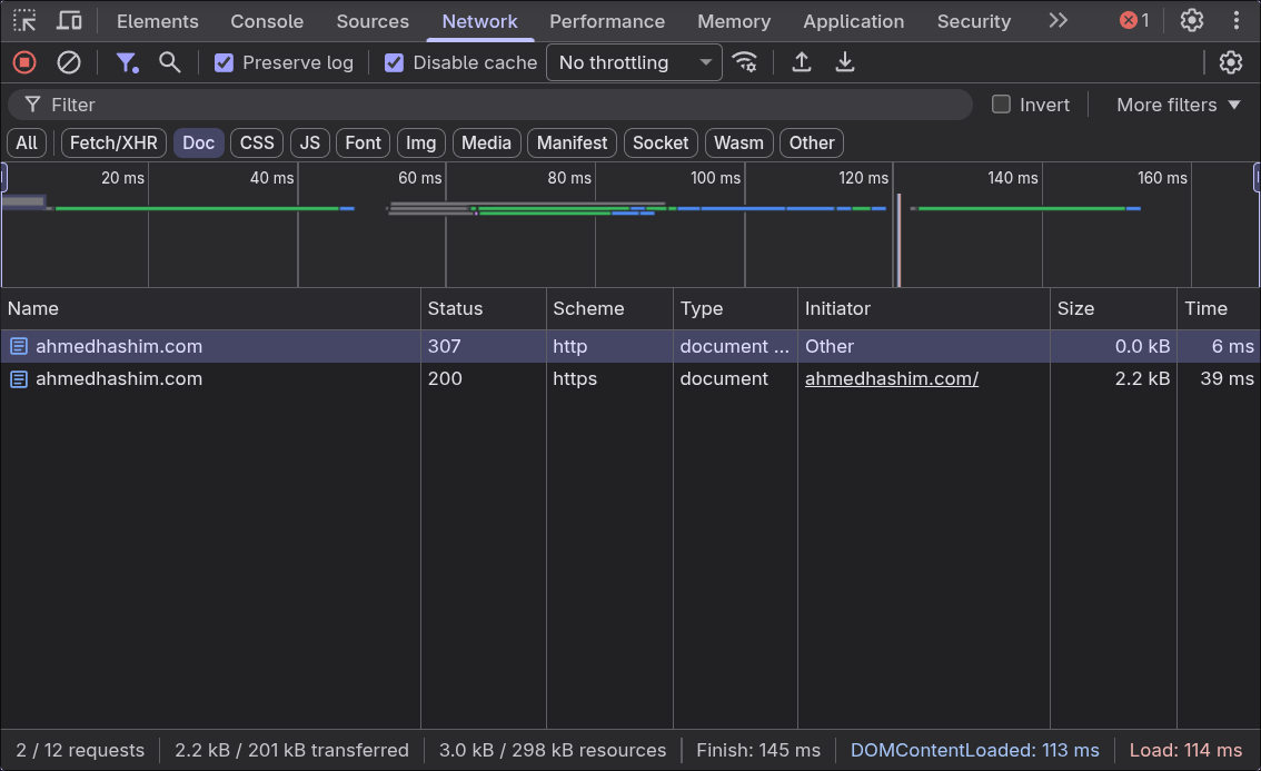 http to https redirect in chrome devtools